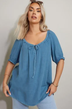 Tops>YOURS Curve Blue Chambray Tie Neck Top