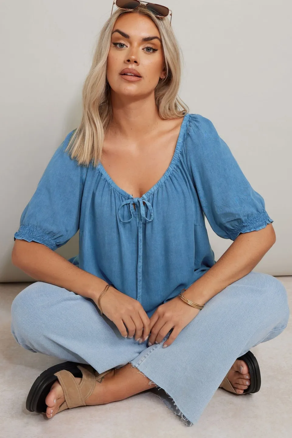 Tops>YOURS Curve Blue Chambray Tie Neck Top