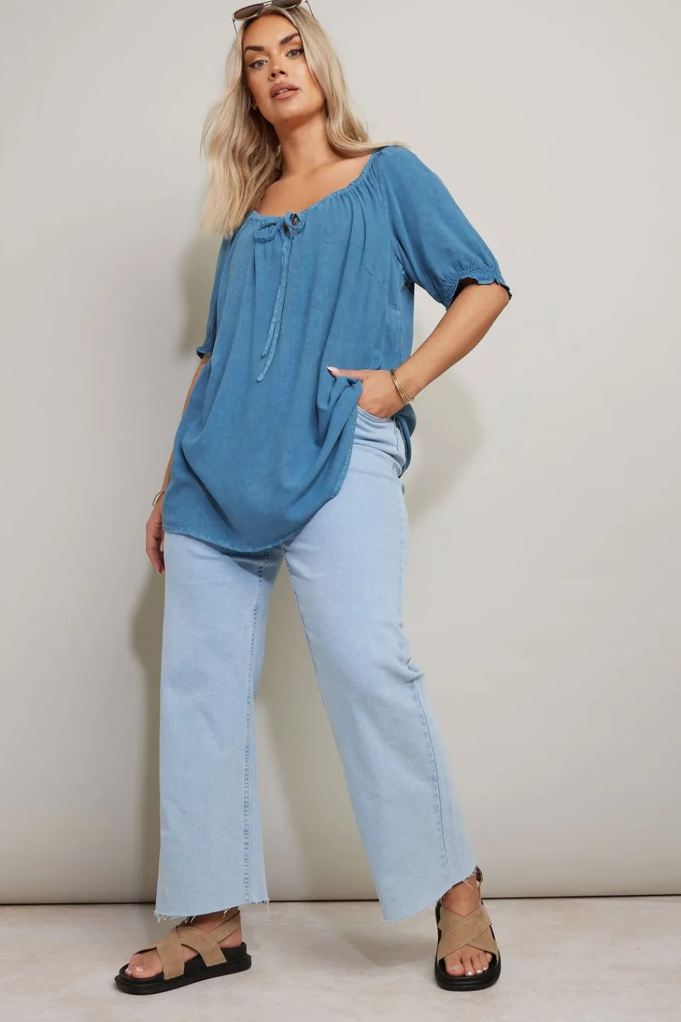 Tops>YOURS Curve Blue Chambray Tie Neck Top