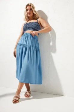 Skirts>YOURS Curve Blue Chambray Tiered Midi Skirt