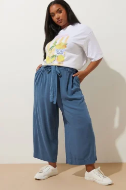 Trousers>YOURS Curve Blue Chambray Tie Waist Cropped Trousers