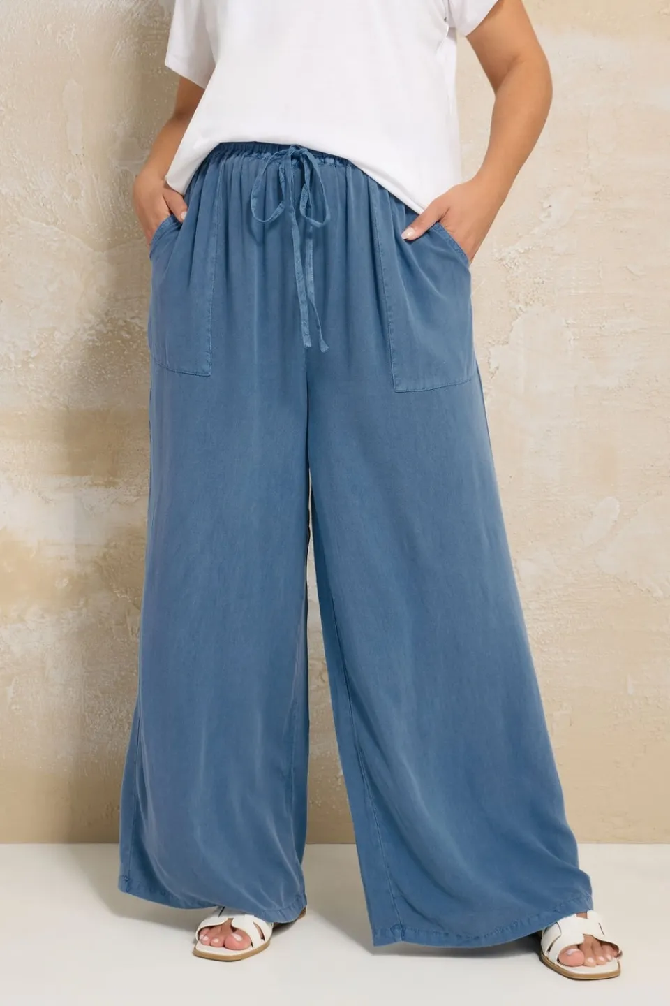 Trousers>YOURS Curve Blue Chambray Tie Front Wide Leg Trousers
