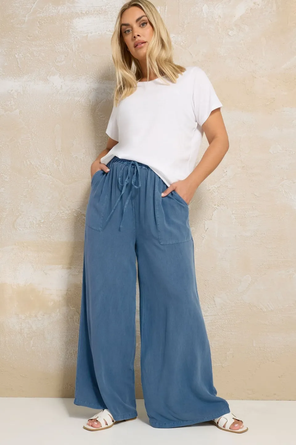Trousers>YOURS Curve Blue Chambray Tie Front Wide Leg Trousers