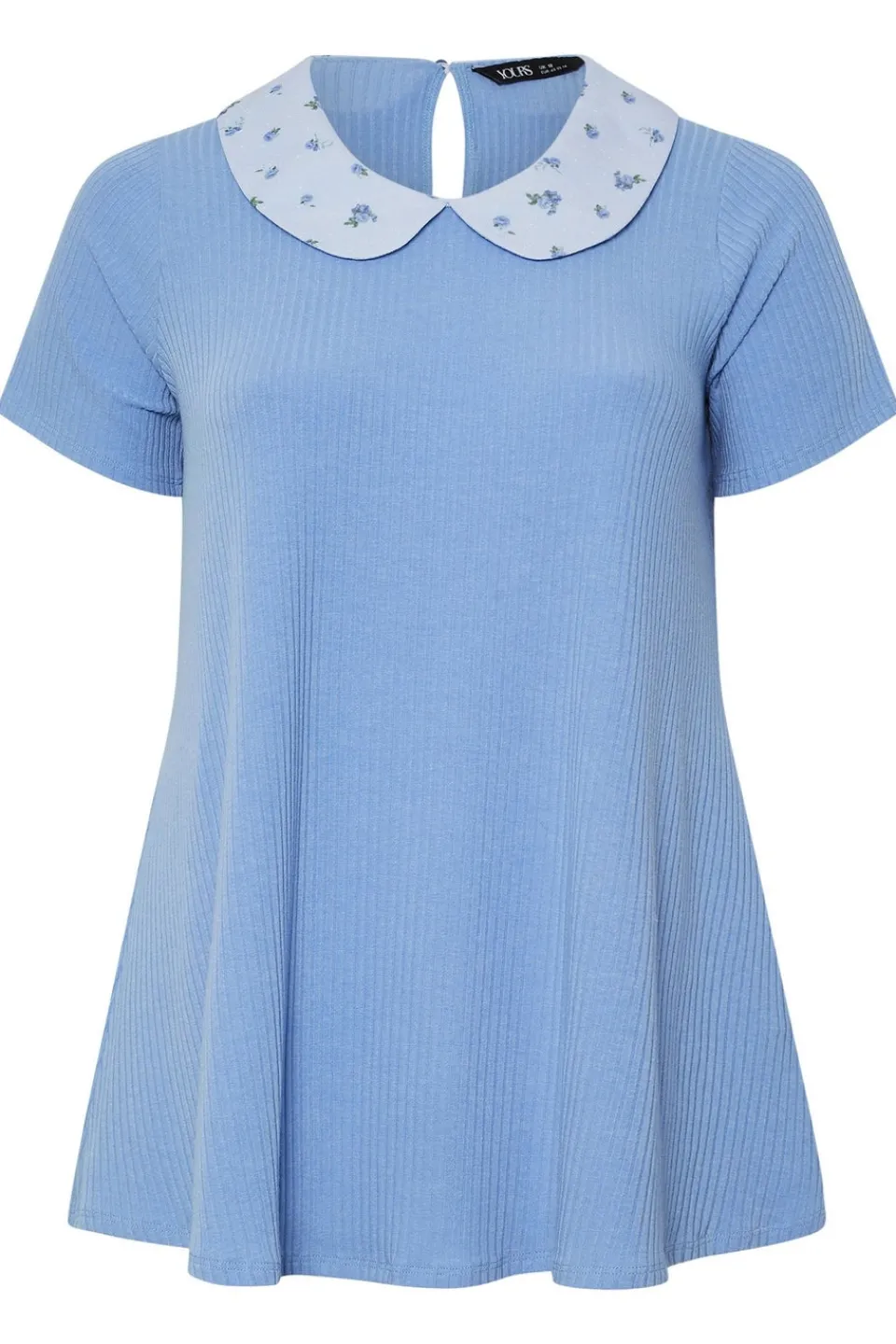 T-Shirts>YOURS Curve Blue Ditsy Floral Collar Ribbed Swing Top
