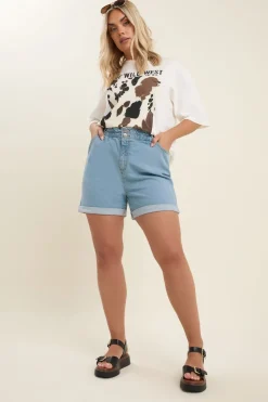 Shorts>YOURS Curve Blue Elasticated Waist Stretch Denim Shorts