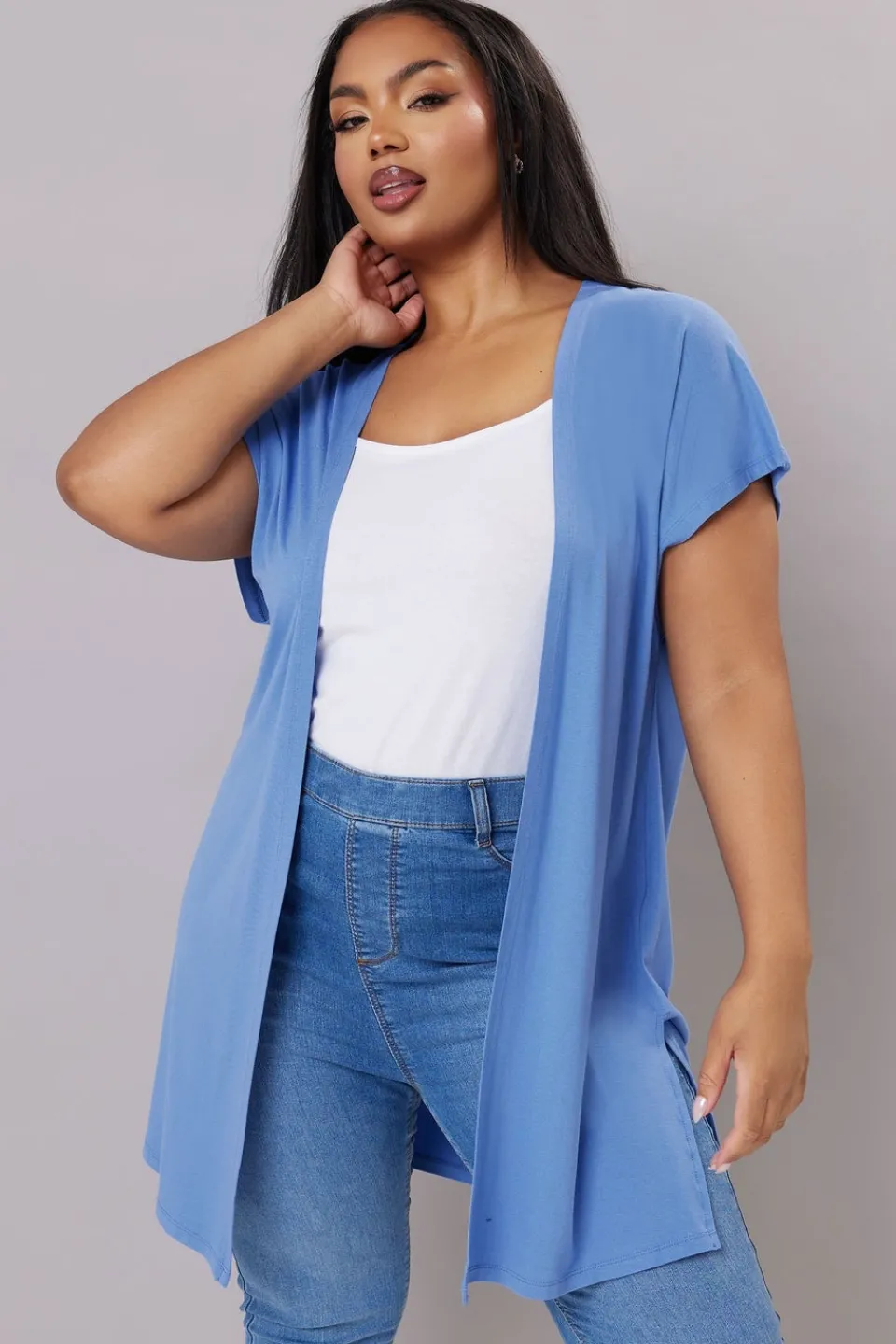 Tops>YOURS Curve Blue Grown On Sleeve Jersey Cardigan