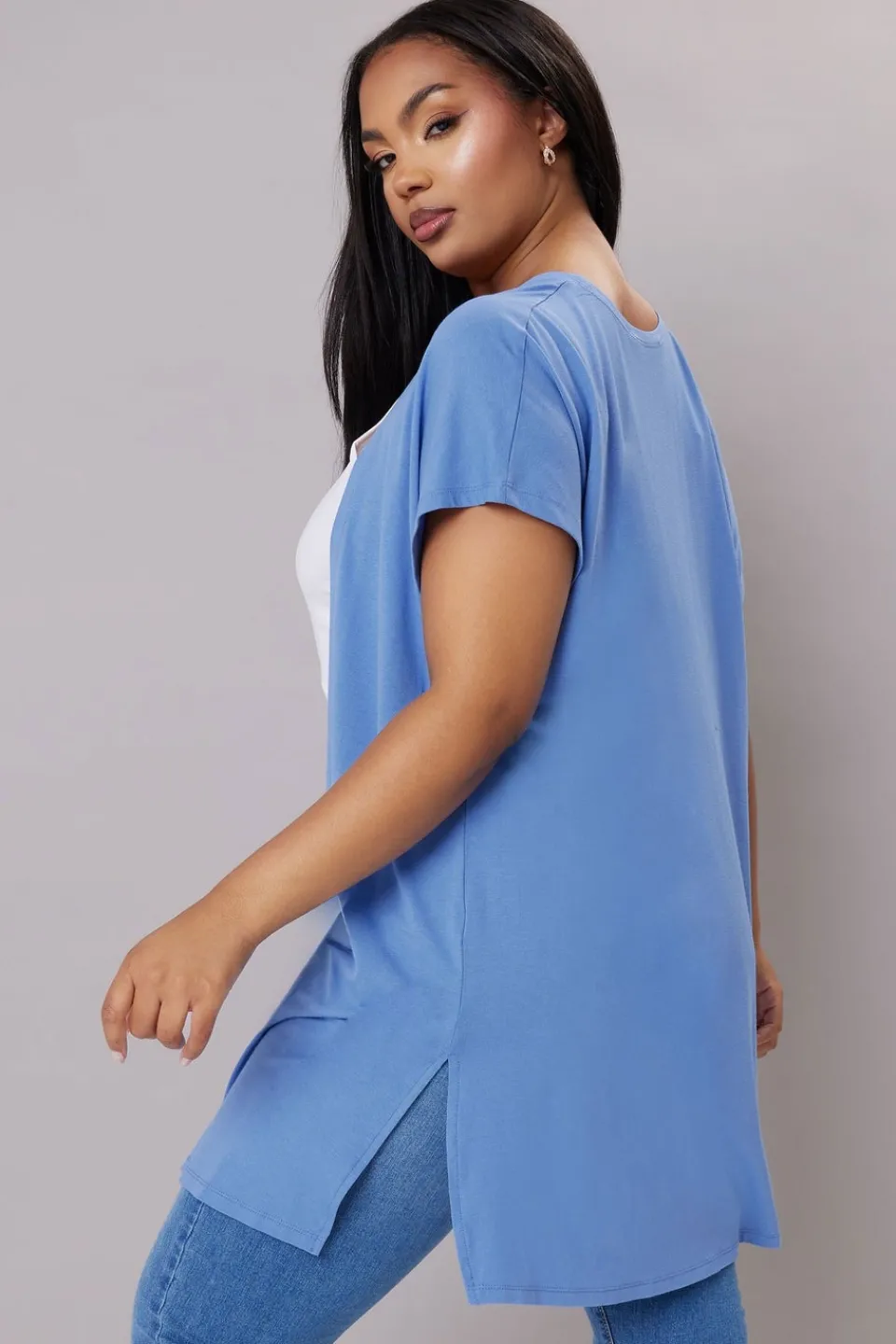 Tops>YOURS Curve Blue Grown On Sleeve Jersey Cardigan