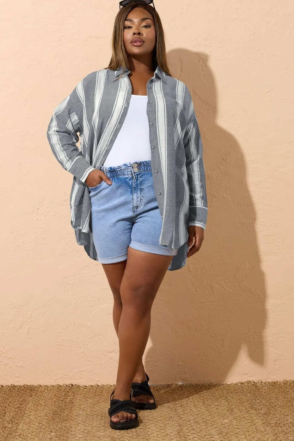 Blouses & Shirts>YOURS Curve Blue Stripe Linen Shirt