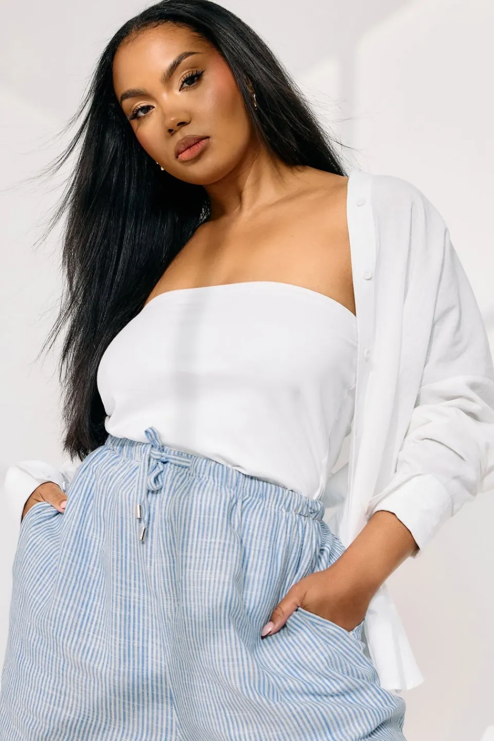 Shorts>YOURS Curve Blue Stripe Tie Front Linen Shorts