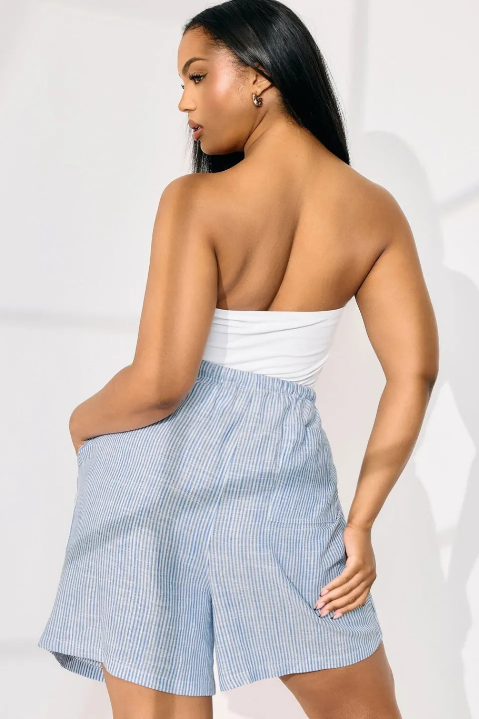 Shorts>YOURS Curve Blue Stripe Tie Front Linen Shorts