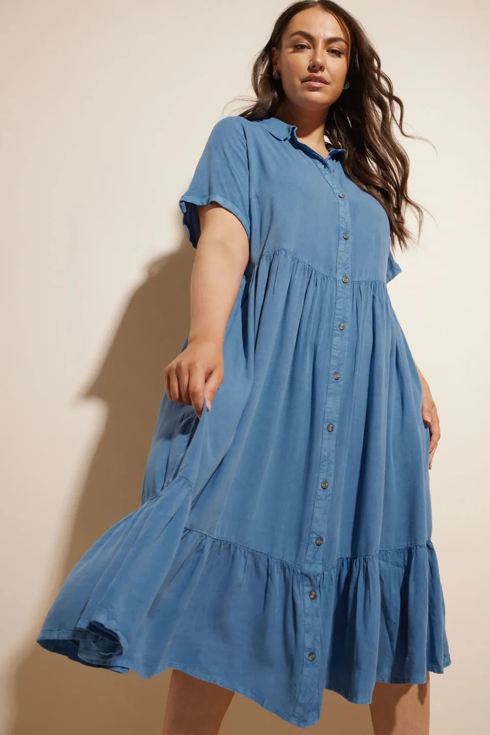 Dresses>YOURS Curve Tiered Maxi Chambray Shirt Dress Blue