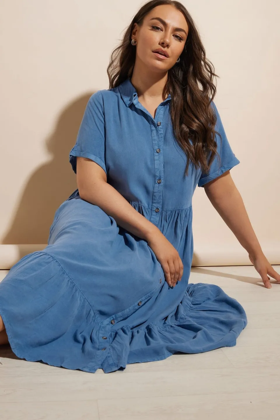 Dresses>YOURS Curve Tiered Maxi Chambray Shirt Dress Blue