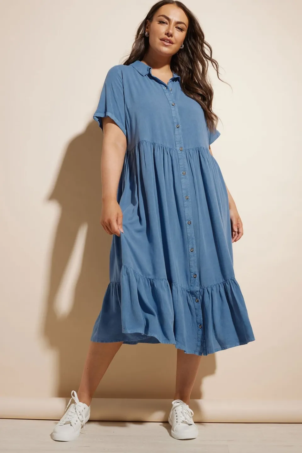 Dresses>YOURS Curve Tiered Maxi Chambray Shirt Dress Blue