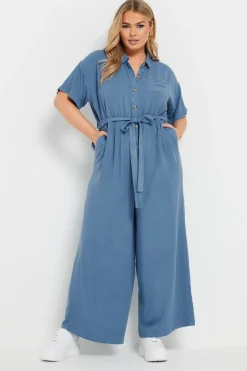 Jumpsuits & Playsuits>YOURS Curve Blue Wide Leg Chambray Jumpsuit