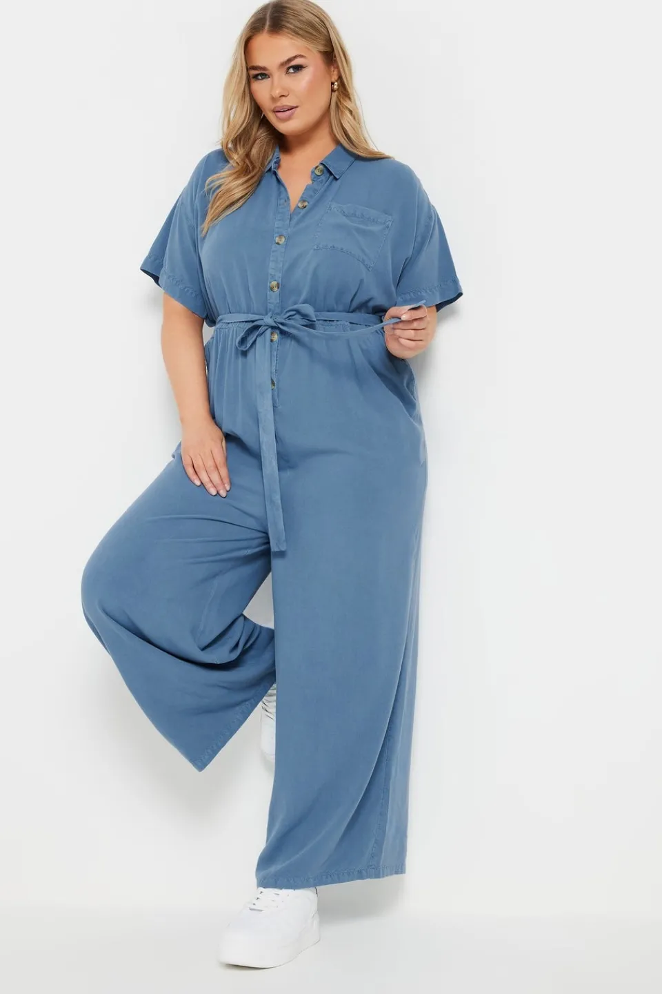 Jumpsuits & Playsuits>YOURS Curve Blue Wide Leg Chambray Jumpsuit