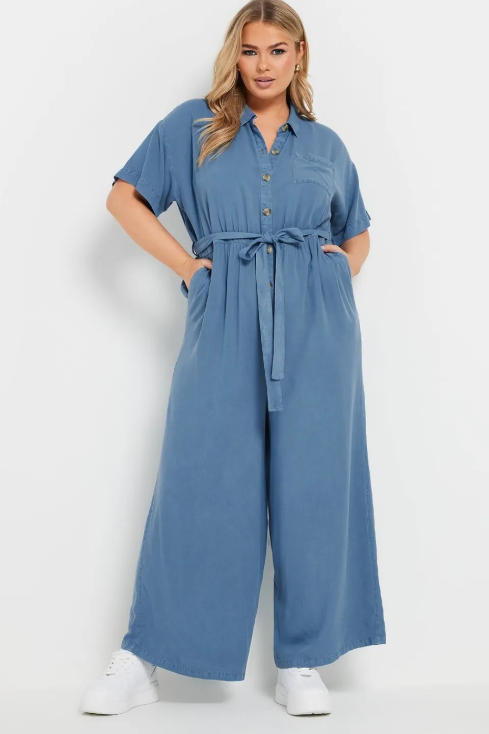 Jumpsuits & Playsuits>YOURS Curve Blue Wide Leg Chambray Jumpsuit