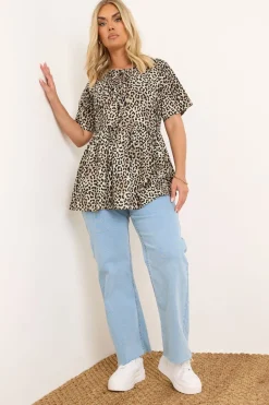 Tops>YOURS Curve Brown Leopard Print Bow Tie Front Peplum Top