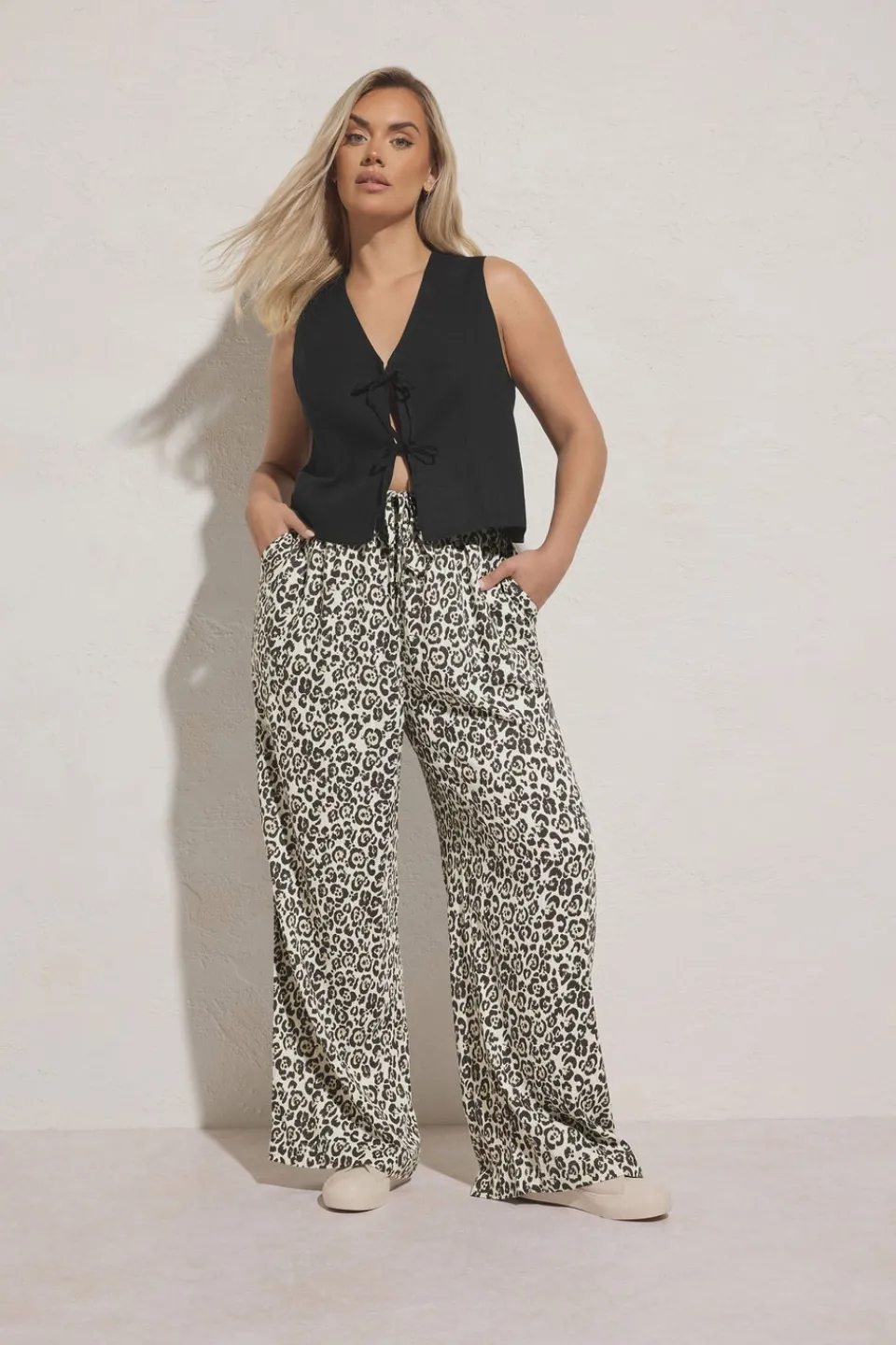 Trousers>YOURS Curve Brown Leopard Print Linen Tie Front Trousers
