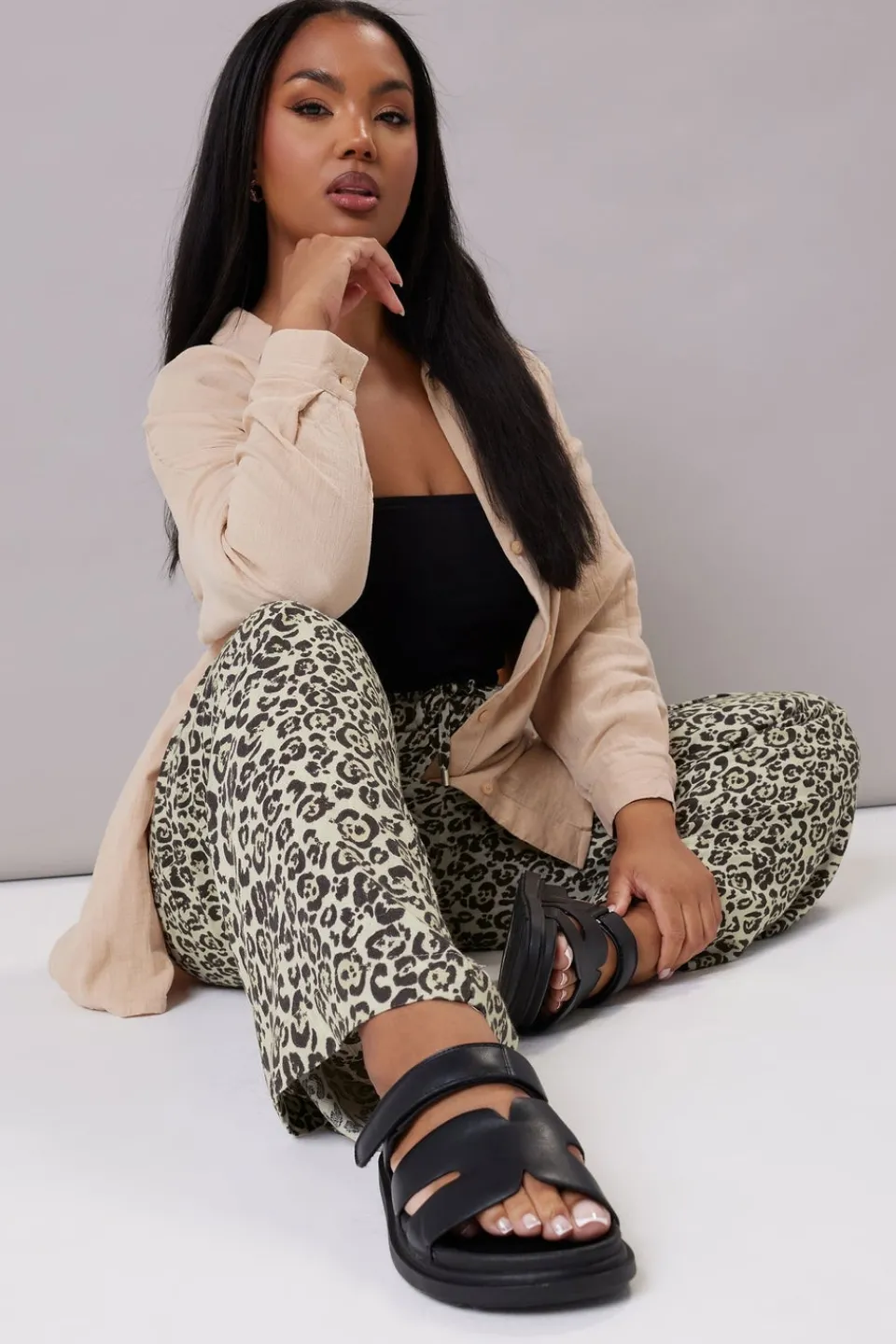 Trousers>YOURS Curve Brown Leopard Print Linen Tie Front Trousers