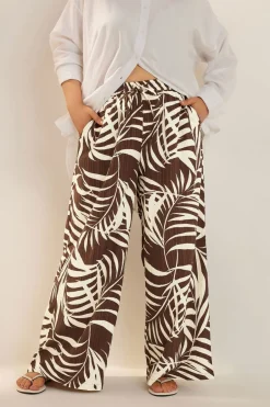Trousers>YOURS Curve Brown Palm Print Textured Wide Leg Trousers