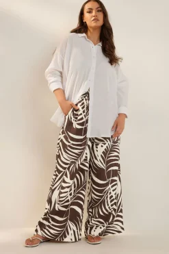Trousers>YOURS Curve Brown Palm Print Textured Wide Leg Trousers