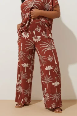 Trousers>YOURS Curve Brown Palm Print Plisse Wide Leg Trousers