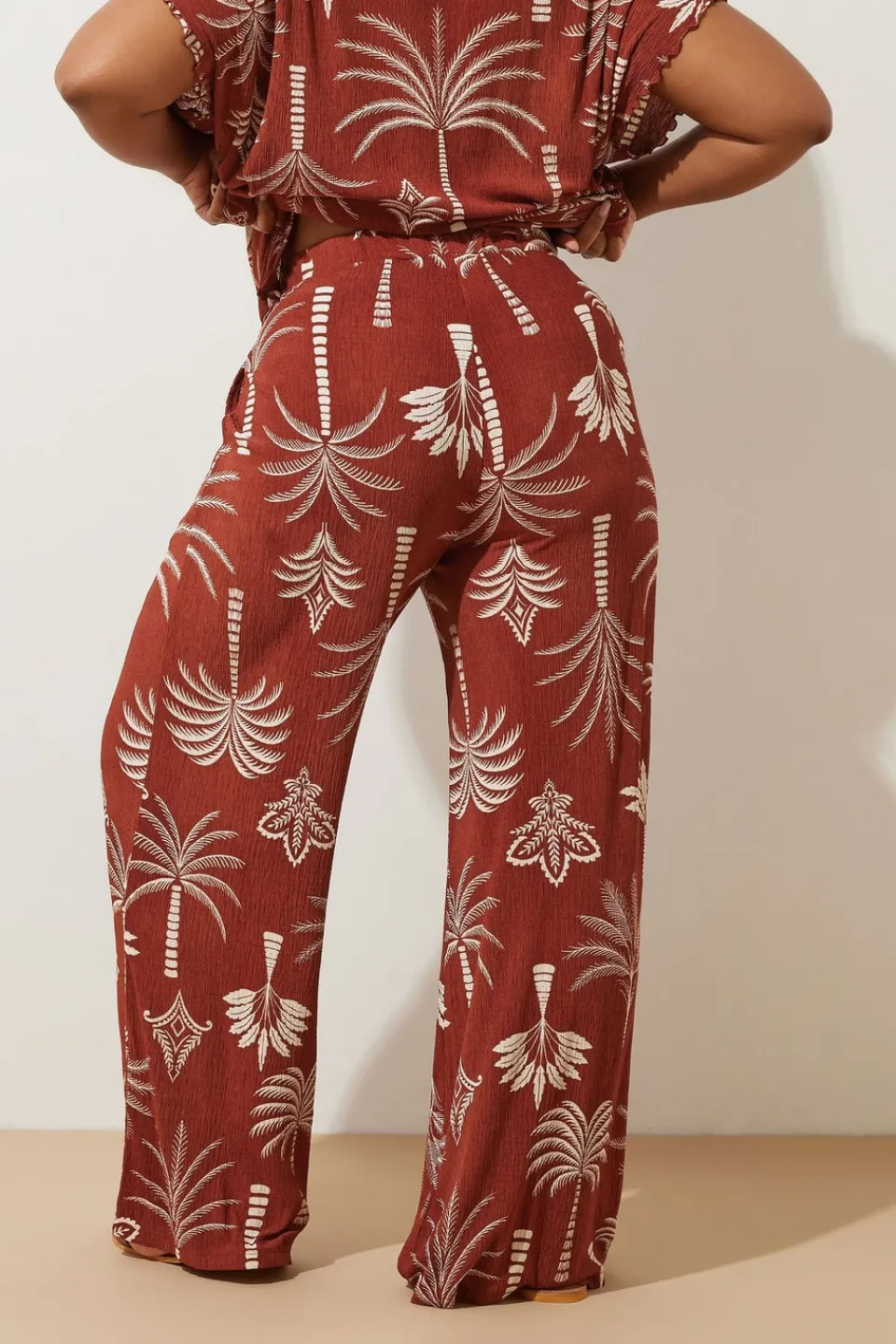 Trousers>YOURS Curve Brown Palm Print Plisse Wide Leg Trousers