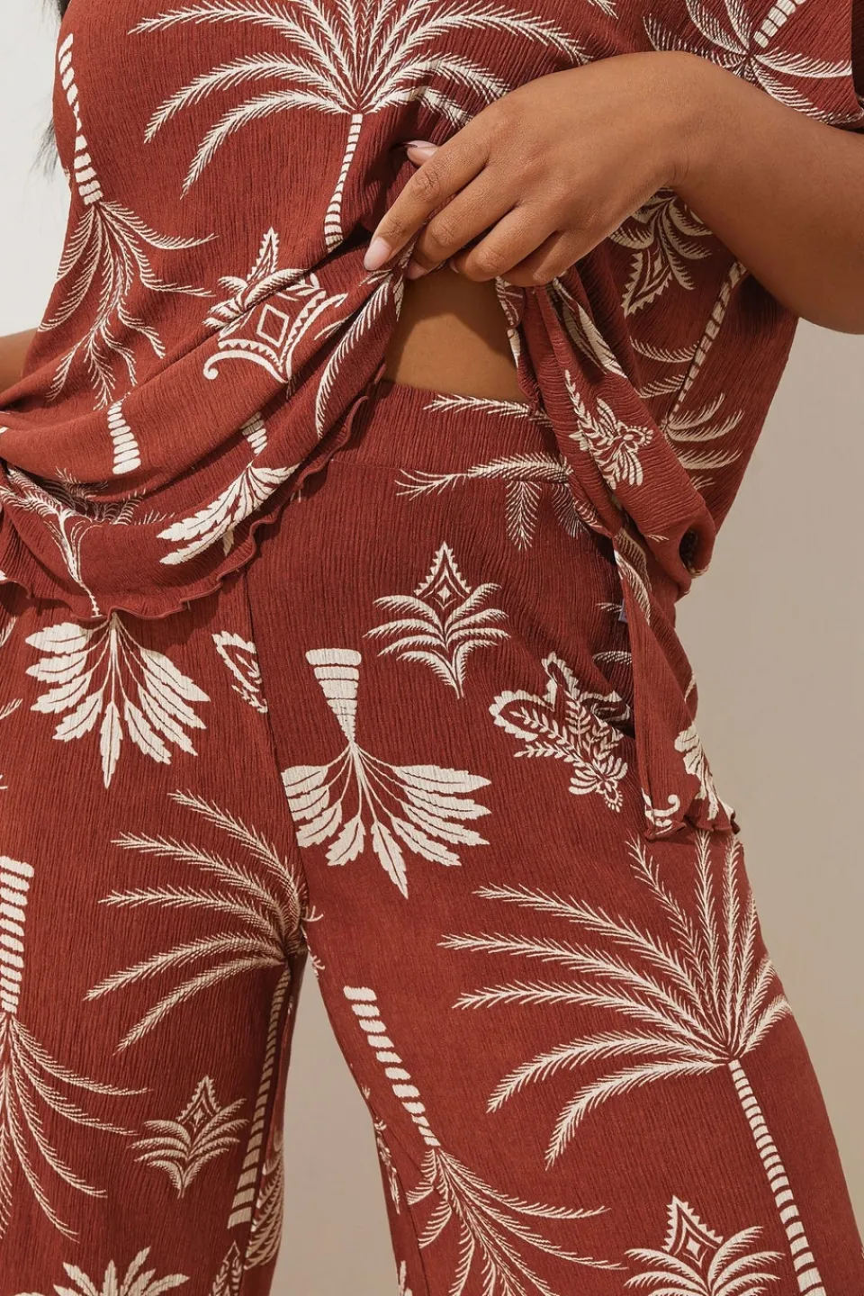Trousers>YOURS Curve Brown Palm Print Plisse Wide Leg Trousers