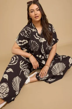 Trousers>YOURS Curve Brown Seashell Print Textured Wide Leg Trousers