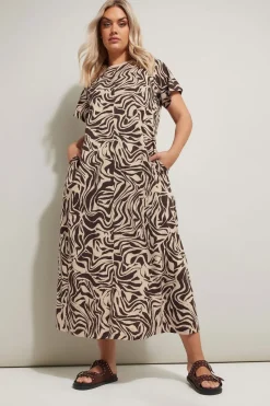 Dresses>YOURS Curve Brown Zebra Print Midaxi T Shirt Dress BrownMulti