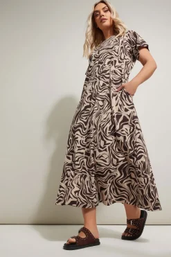 Dresses>YOURS Curve Brown Zebra Print Midaxi T Shirt Dress BrownMulti