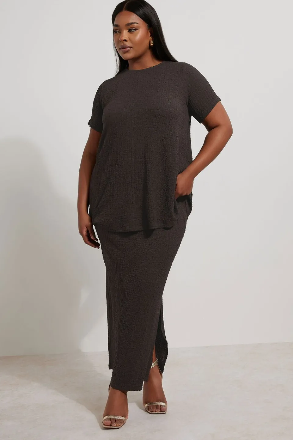 Skirts>YOURS Curve Chocolate Brown Textured Side Split Maxi Skirt