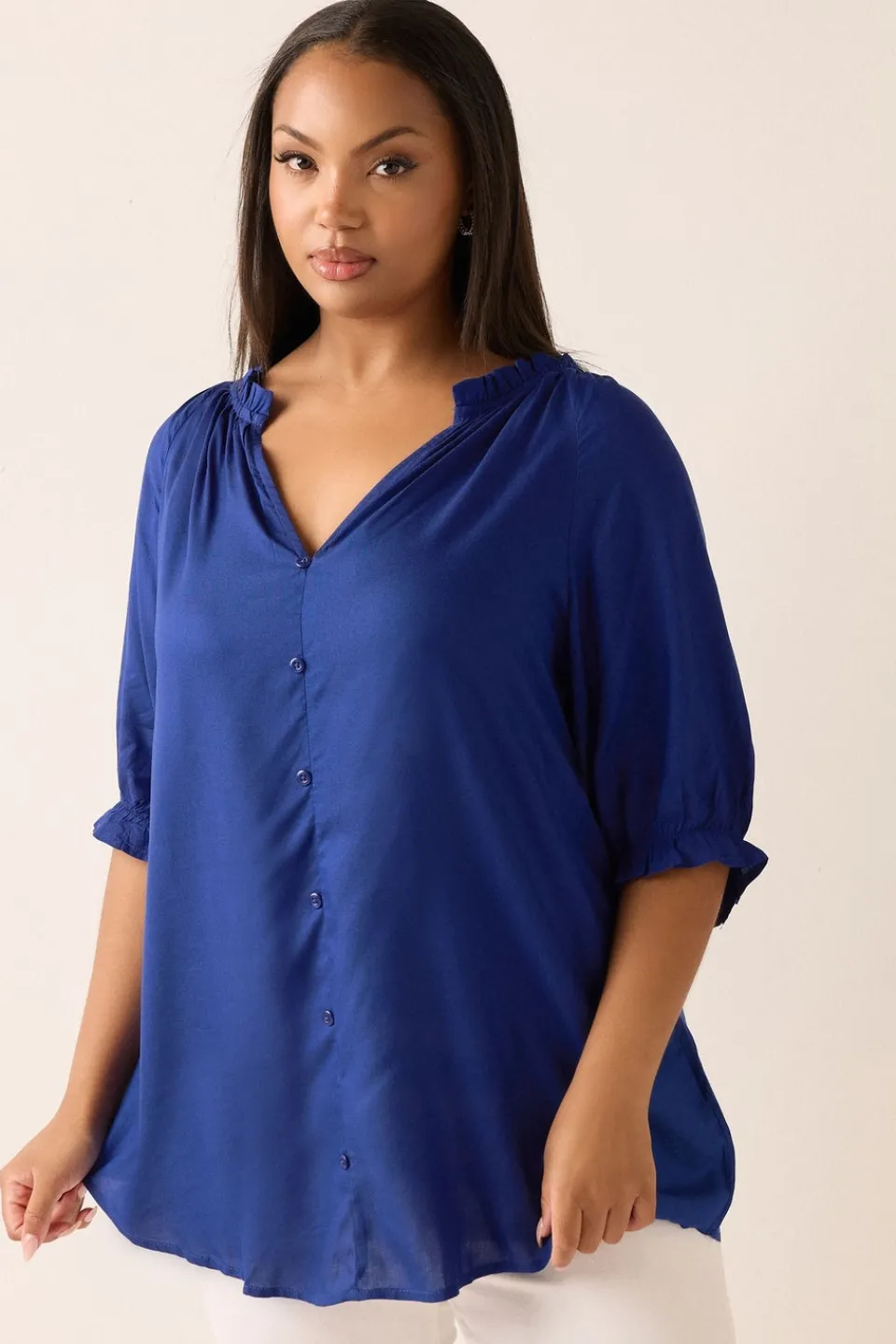 Tops>YOURS Curve Cobalt Blue Frill Notch Neck Blouse