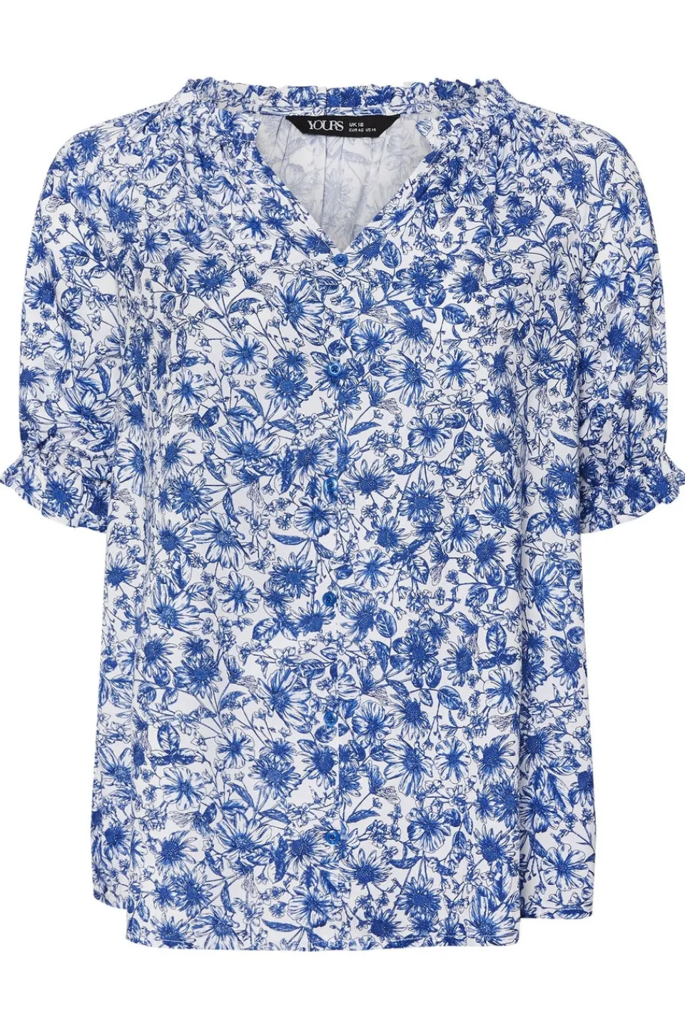 Blouses & Shirts>YOURS Curve Cobalt Blue Floral Frill Notch Neck Blouse