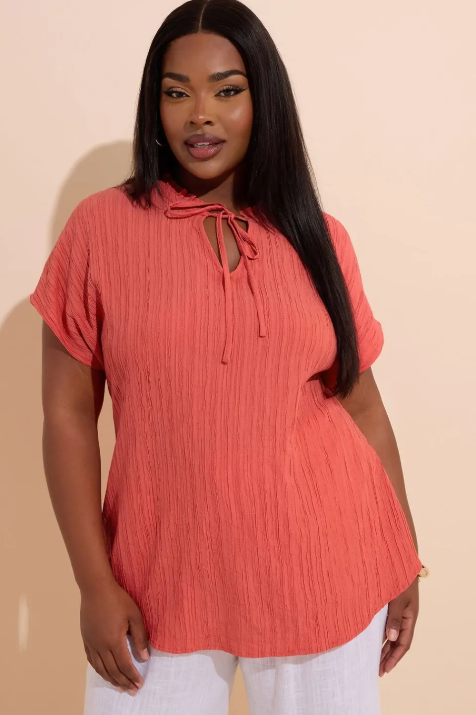 Tops>YOURS Curve Coral Orange Textured Frill Neck Top
