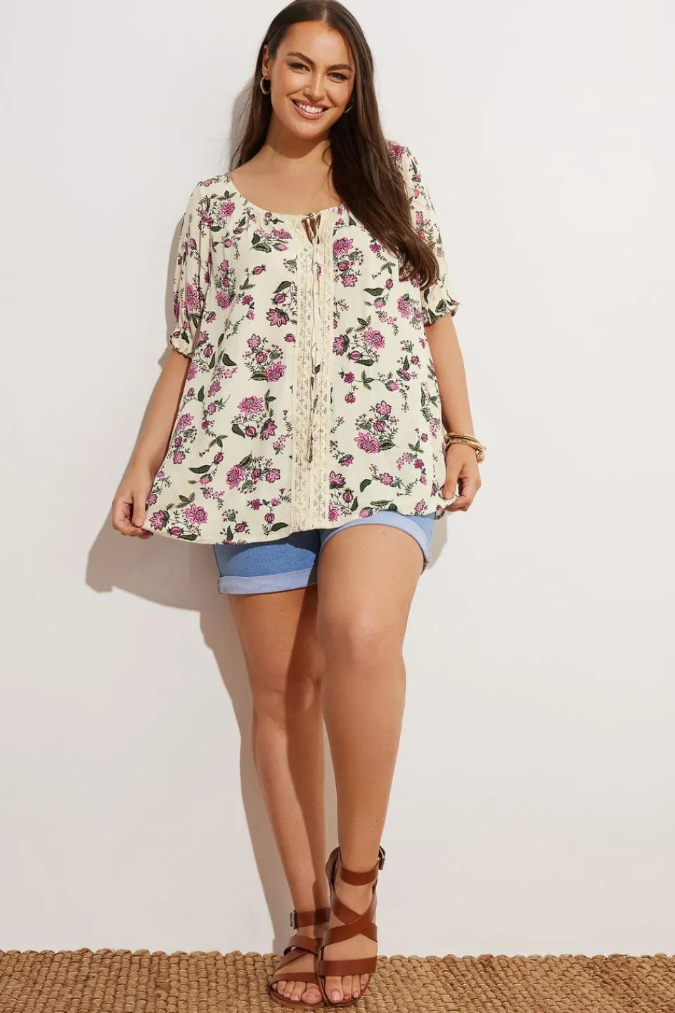 T-Shirts>YOURS Curve Cream Crochet Detail Tie Front Top