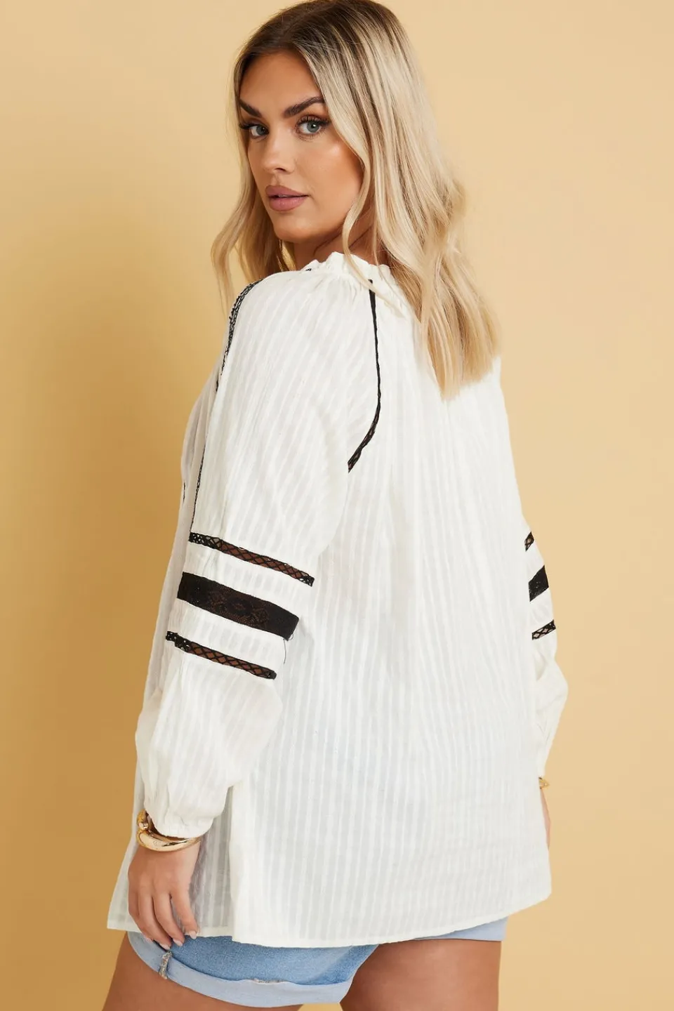 Tops>YOURS Curve Cream Embroidered Tie Neck Blouse