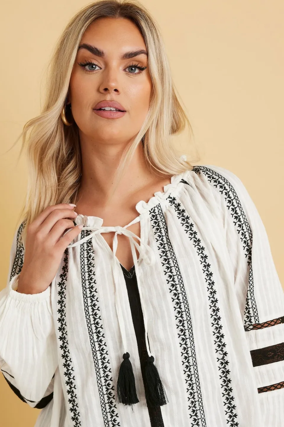 Tops>YOURS Curve Cream Embroidered Tie Neck Blouse