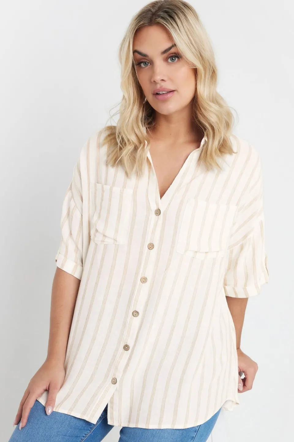 Tops>YOURS Curve Cream Short Sleeve Linen Stripe Shirt