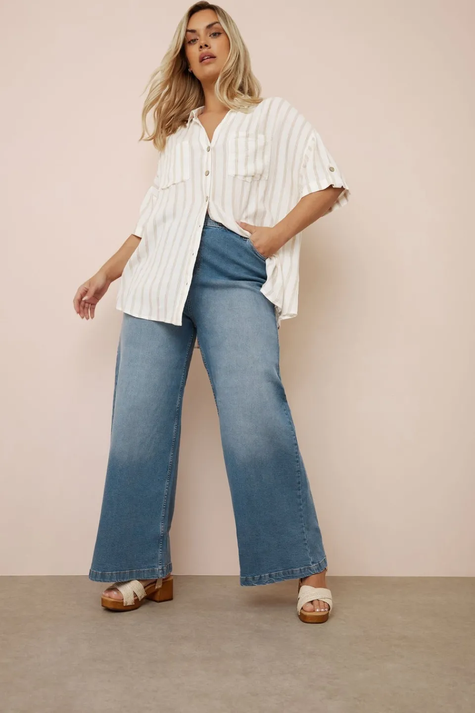 Tops>YOURS Curve Cream Short Sleeve Linen Stripe Shirt