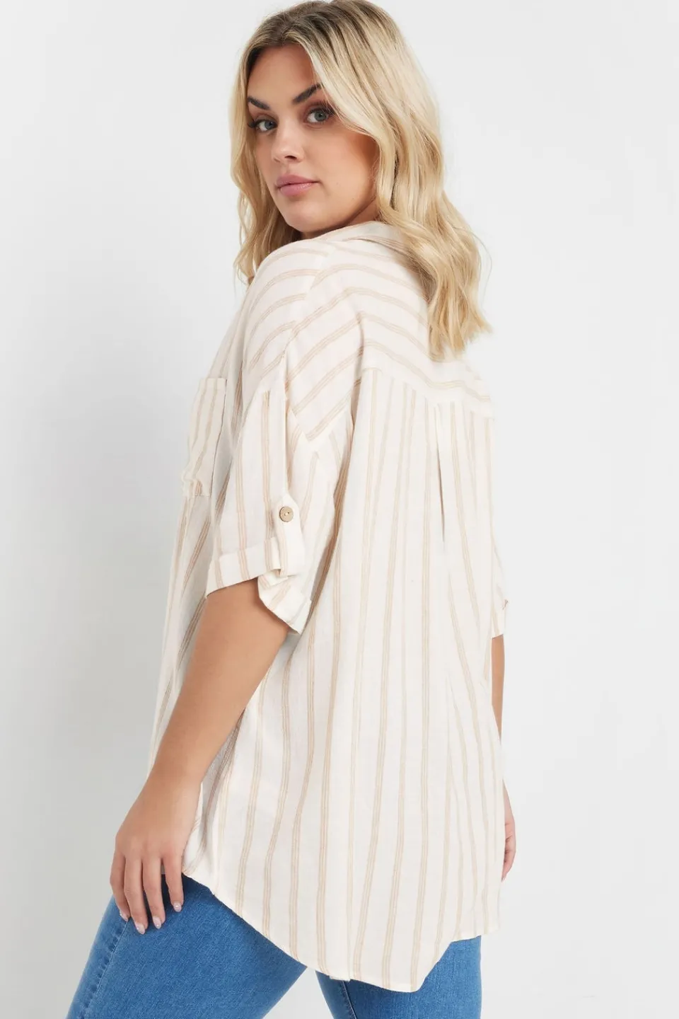Tops>YOURS Curve Cream Short Sleeve Linen Stripe Shirt