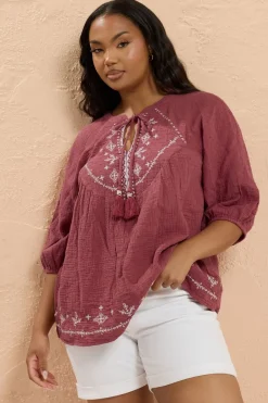 Tops>YOURS Curve Dark Red Embroidered Tie Neck Blouse