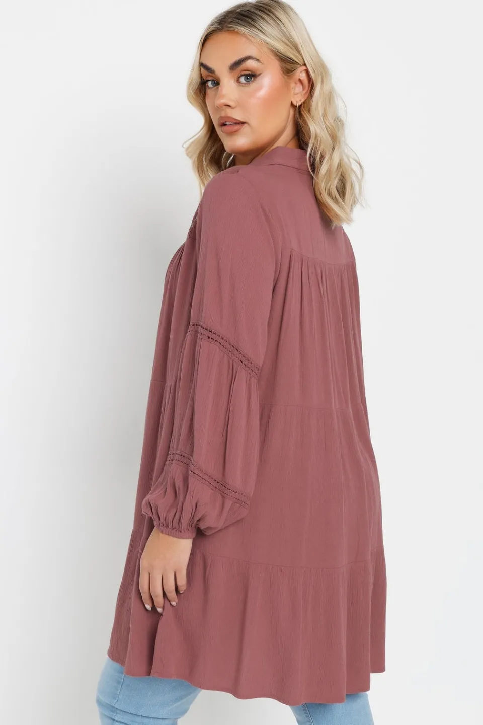Tops>YOURS Curve Dusky Pink Tiered Crochet Detail Shirt
