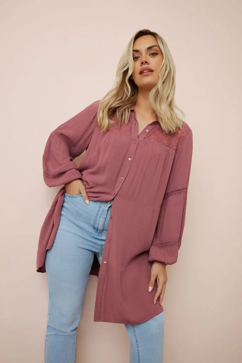 Tops>YOURS Curve Dusky Pink Tiered Crochet Detail Shirt