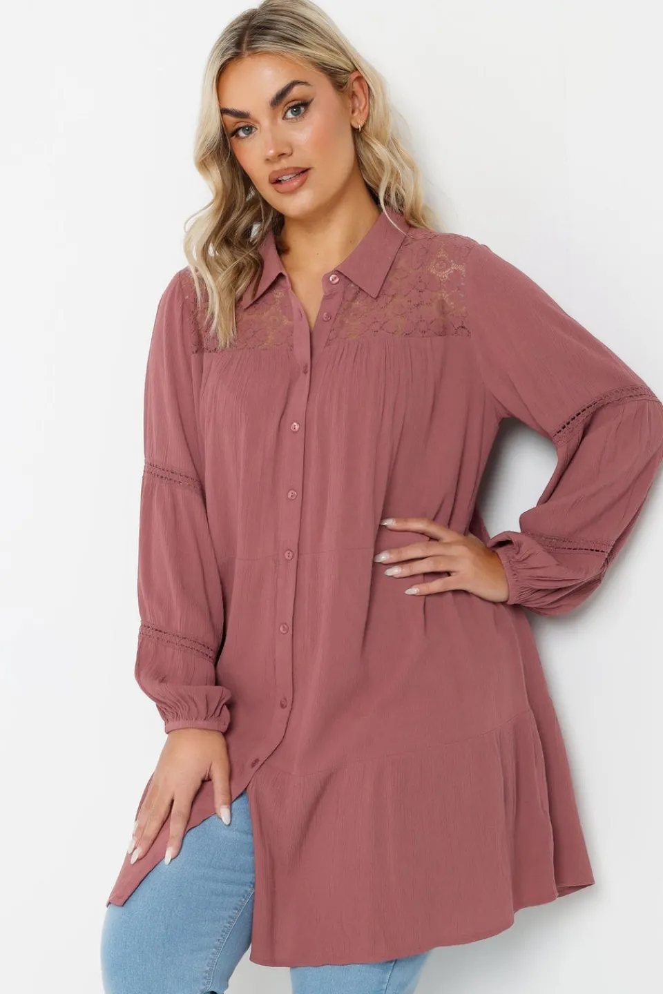 Tops>YOURS Curve Dusky Pink Tiered Crochet Detail Shirt