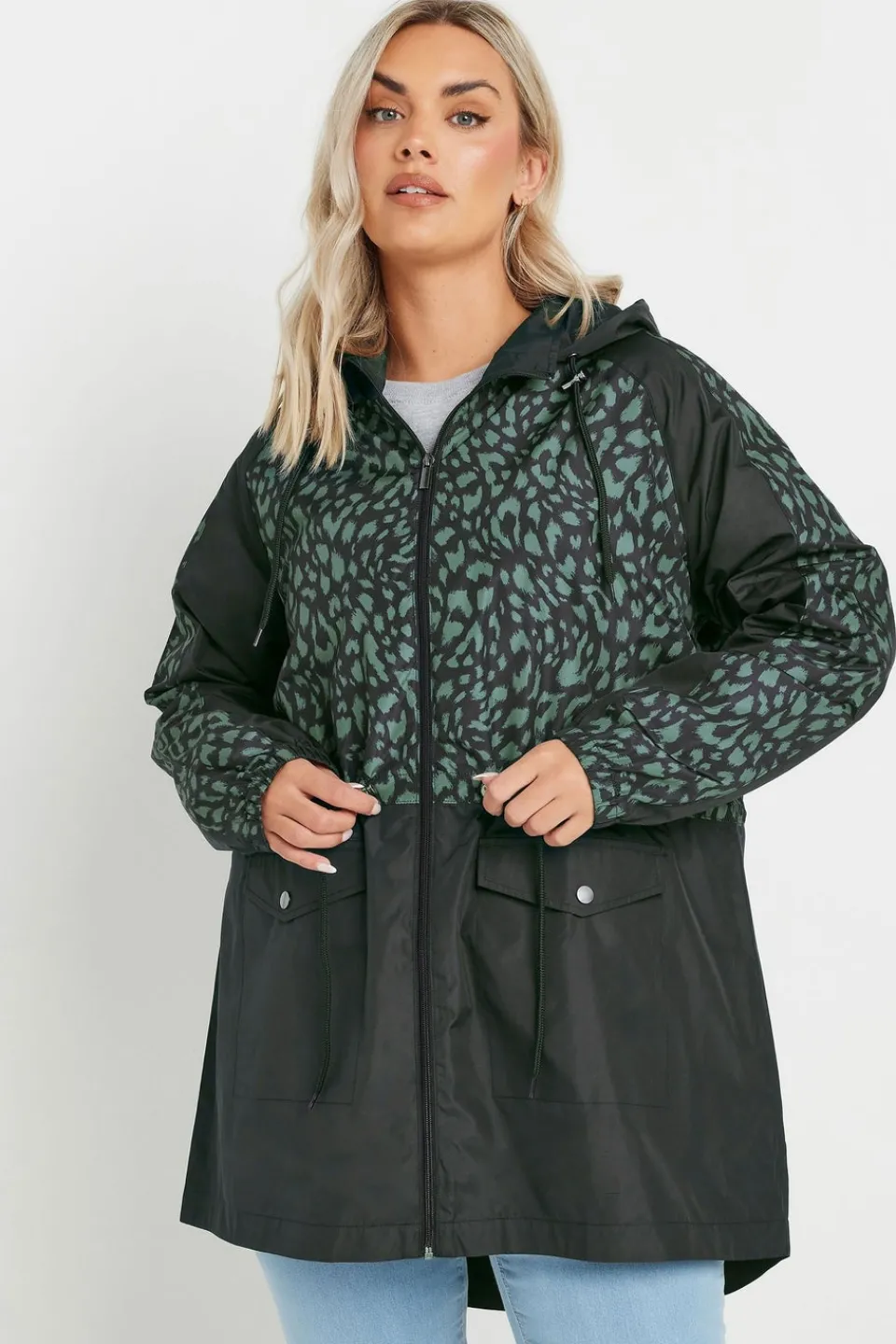 Coats & Jackets>YOURS Curve Green & Black Colourblock Lightweight Parka Jacket