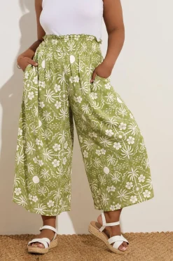Trousers>YOURS Curve Green Palm Print Shirred Midaxi Culottes