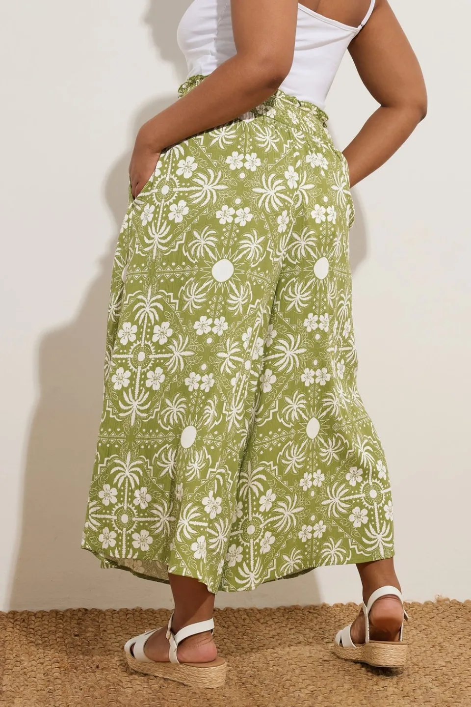 Trousers>YOURS Curve Green Palm Print Shirred Midaxi Culottes