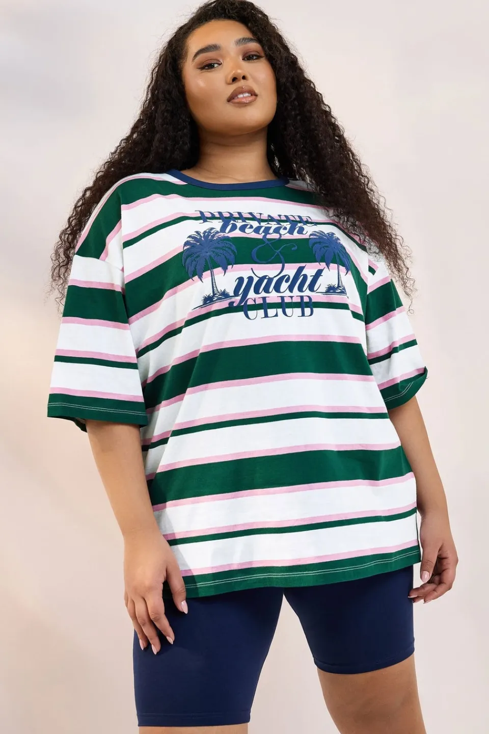 T-Shirts>YOURS Curve Green 'Beach Club' Slogan Stripe T-Shirt