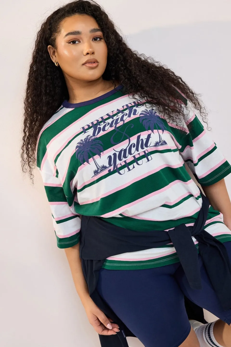 T-Shirts>YOURS Curve Green 'Beach Club' Slogan Stripe T-Shirt